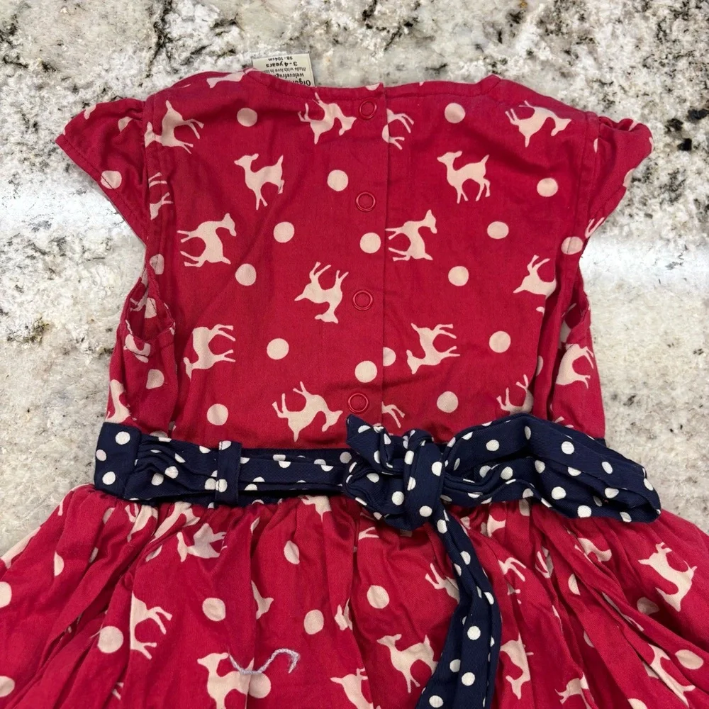 Frugi Girls Kids Dress Deer‎ Red Navy Polka Dots Size 3-4 Lined Bow Organic